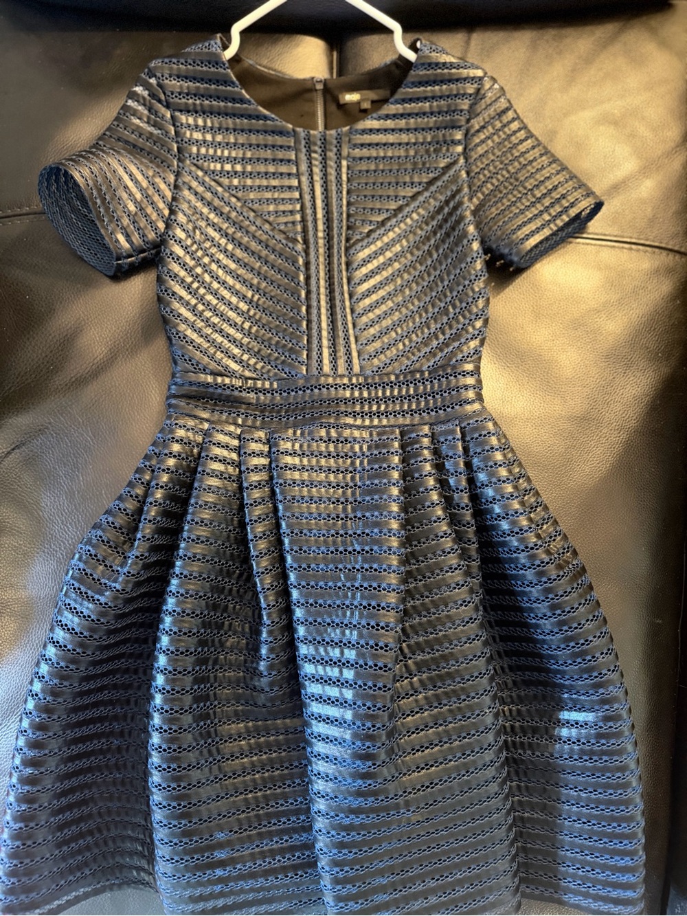 Maje Navy and Black Textured Fit-and-Flare Midi Dress